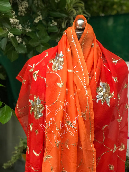 Orange Shaded Aari Sequins Jaal Miraya Chiffon Sarees