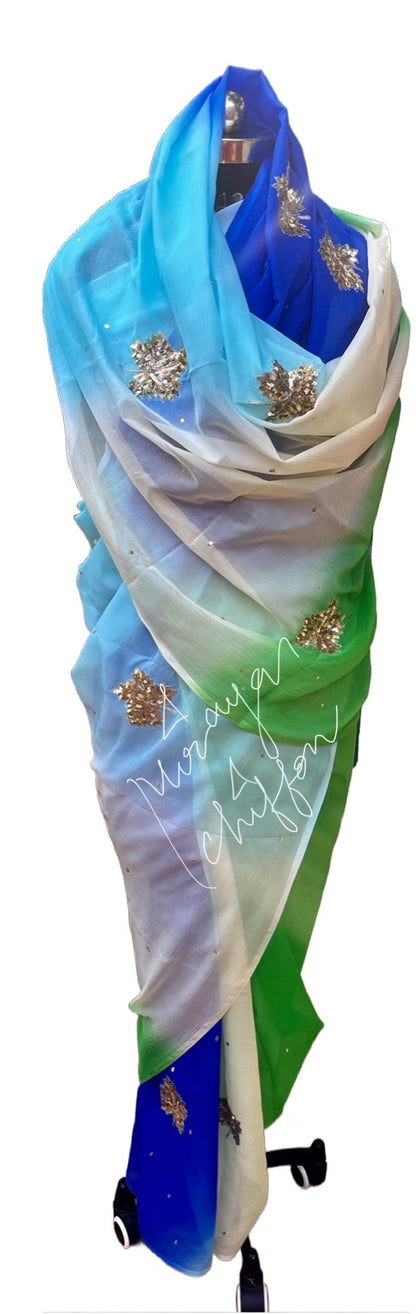 Blue Shaded Aari Sequins Motifs Miraya Chiffon Sarees