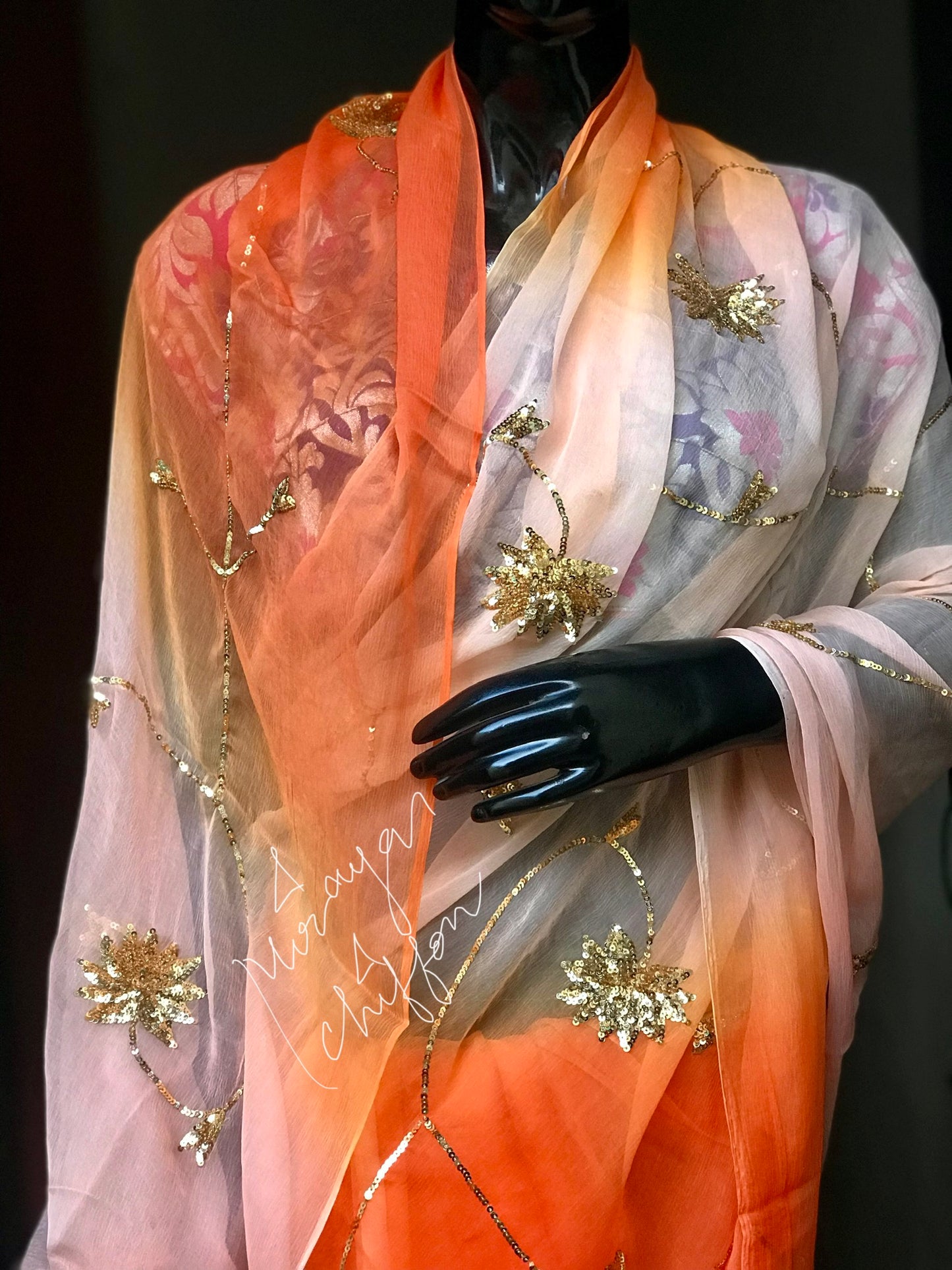 Peach Shade Sequins Jaal Miraya Chiffon Sarees