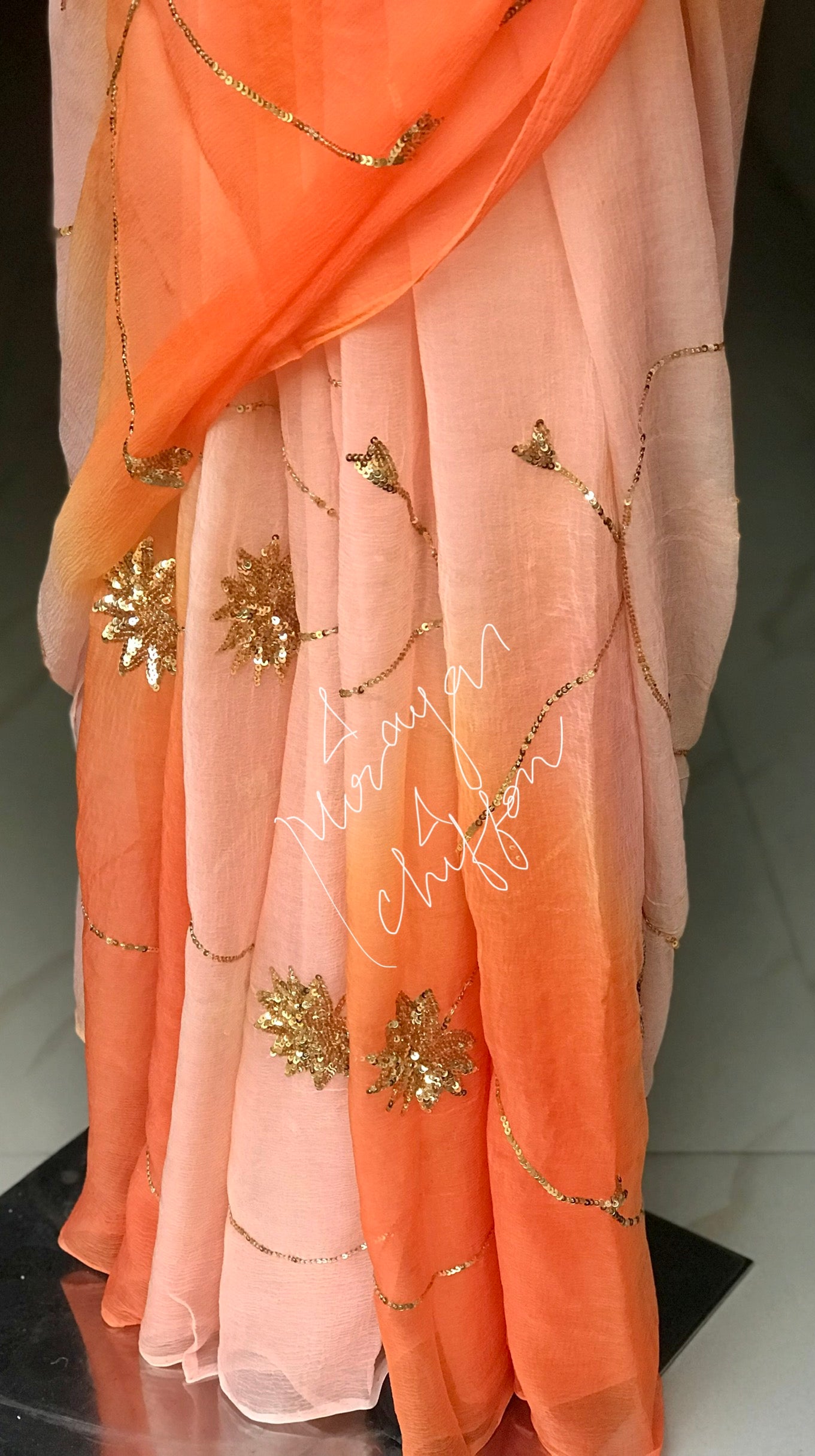 Peach Shade Sequins Jaal Miraya Chiffon Sarees