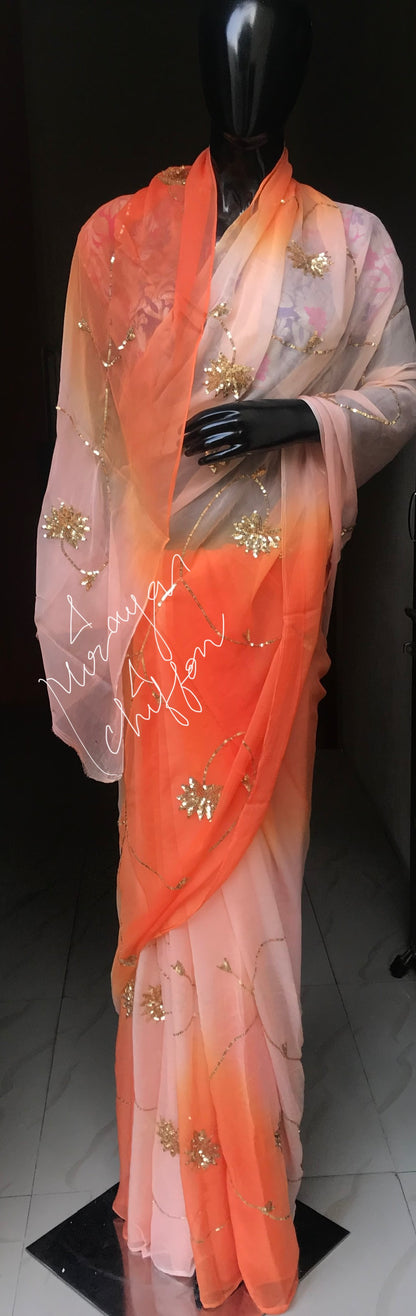 Peach Shade Sequins Jaal Miraya Chiffon Sarees