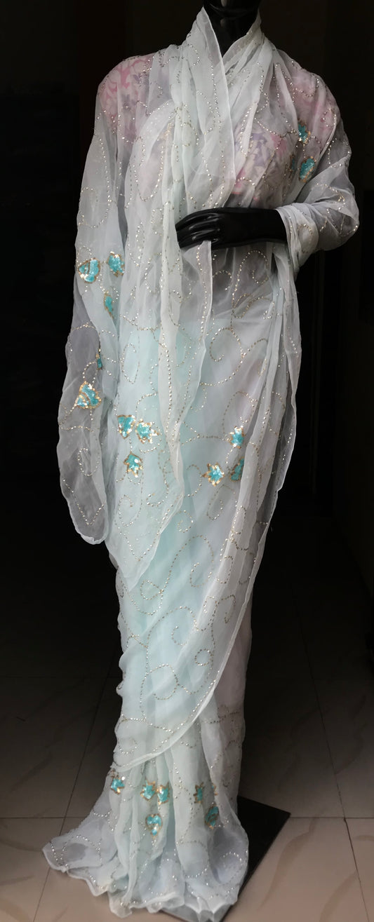 Powder Blue Sequins Jaal Miraya Sarees