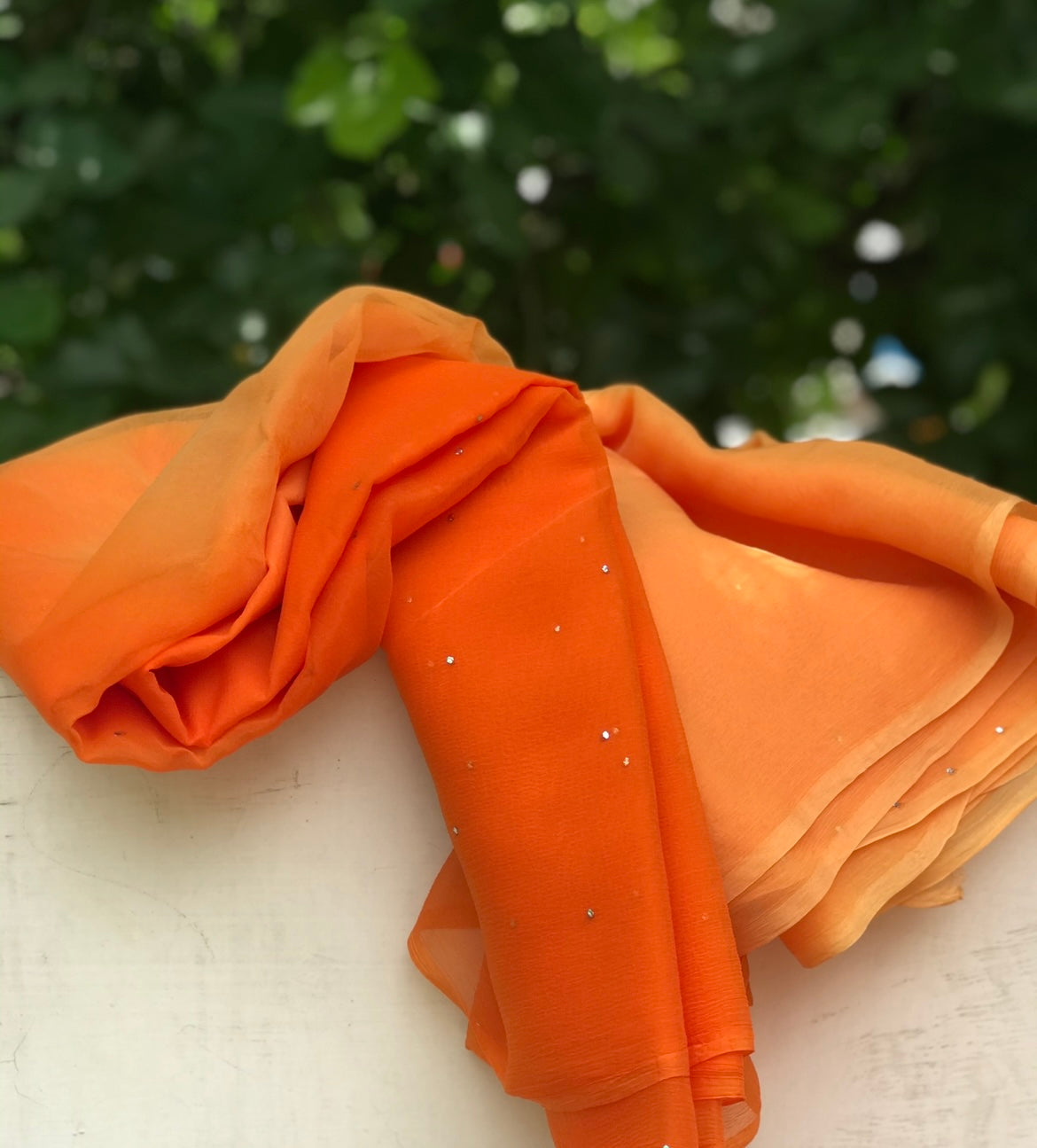 Ombre Peach Orange Mukaish Miraya Chiffon Sarees