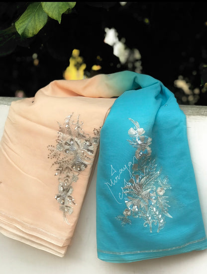 Firozi Ombre Aari Zardogi Motifs Miraya Chiffon Sarees