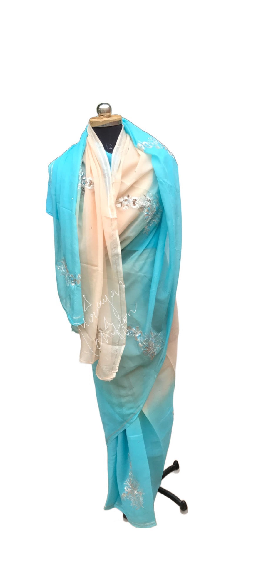 Firozi Ombre Aari Zardogi Motifs Miraya Chiffon Sarees