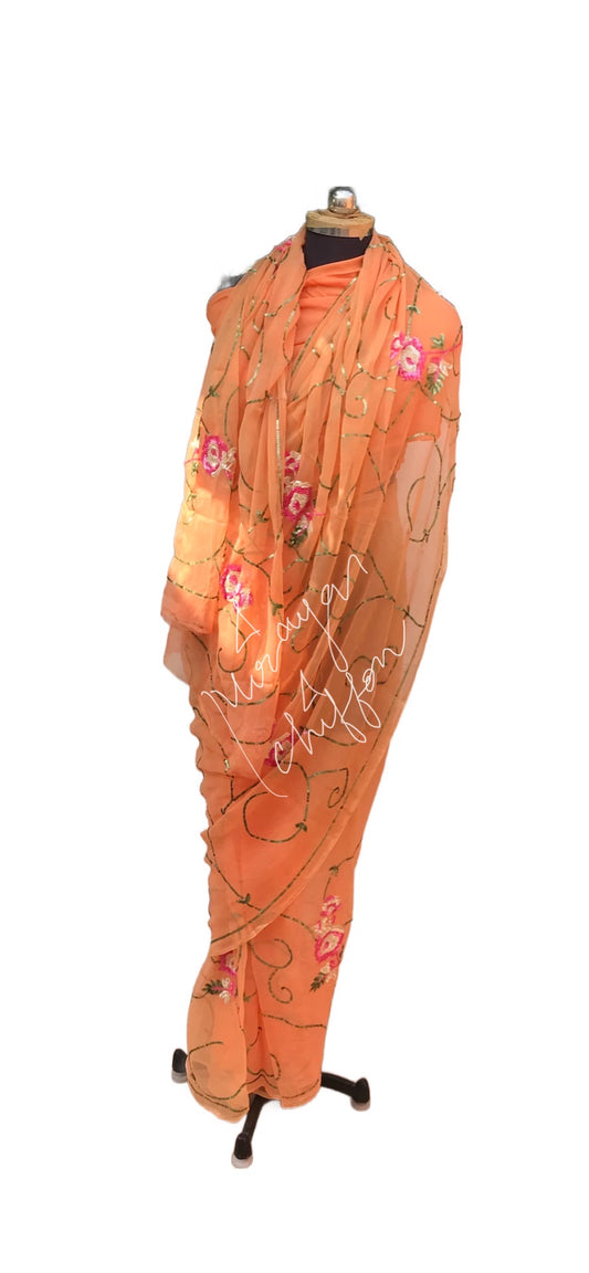 Peach Sequins Jaal Miraya Chiffon Sarees