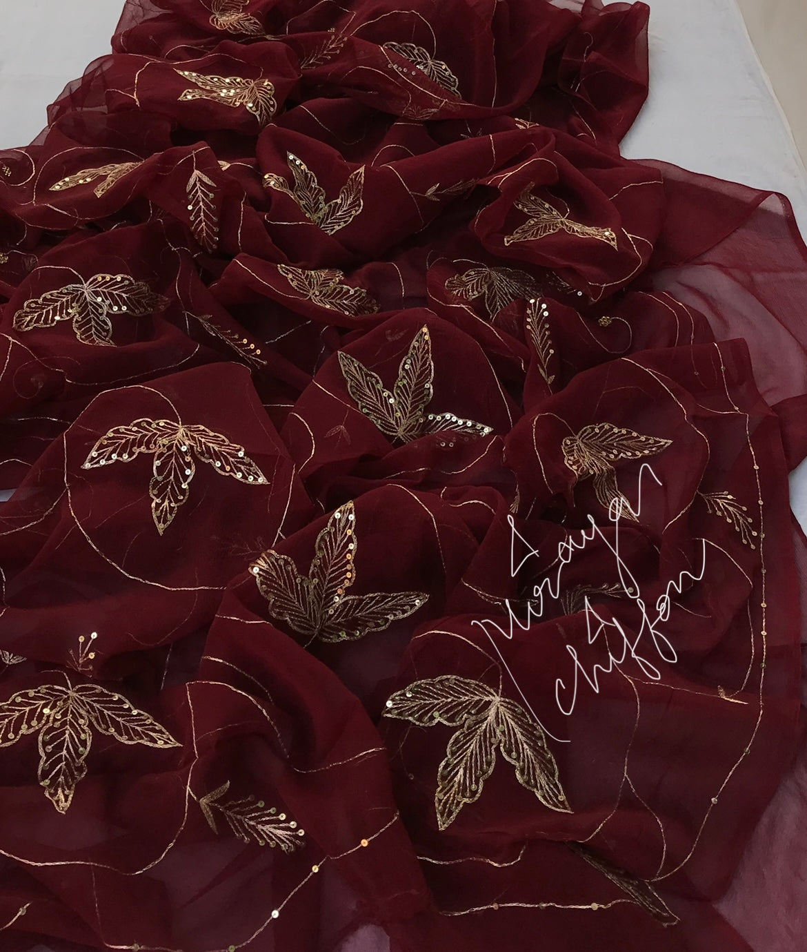 Dark Maroon Aari Sequins Jaal Miraya Chiffon Sarees