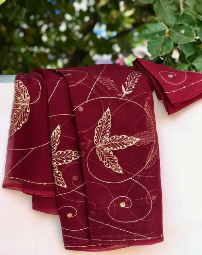 Dark Maroon Aari Sequins Jaal Miraya Chiffon Sarees