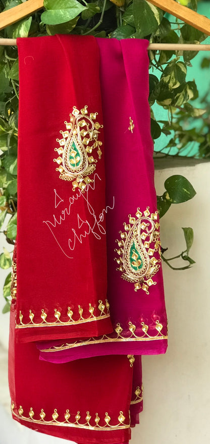 Ombre Red Rani Shaded Danka Motifs Border Miraya Chiffon Sarees