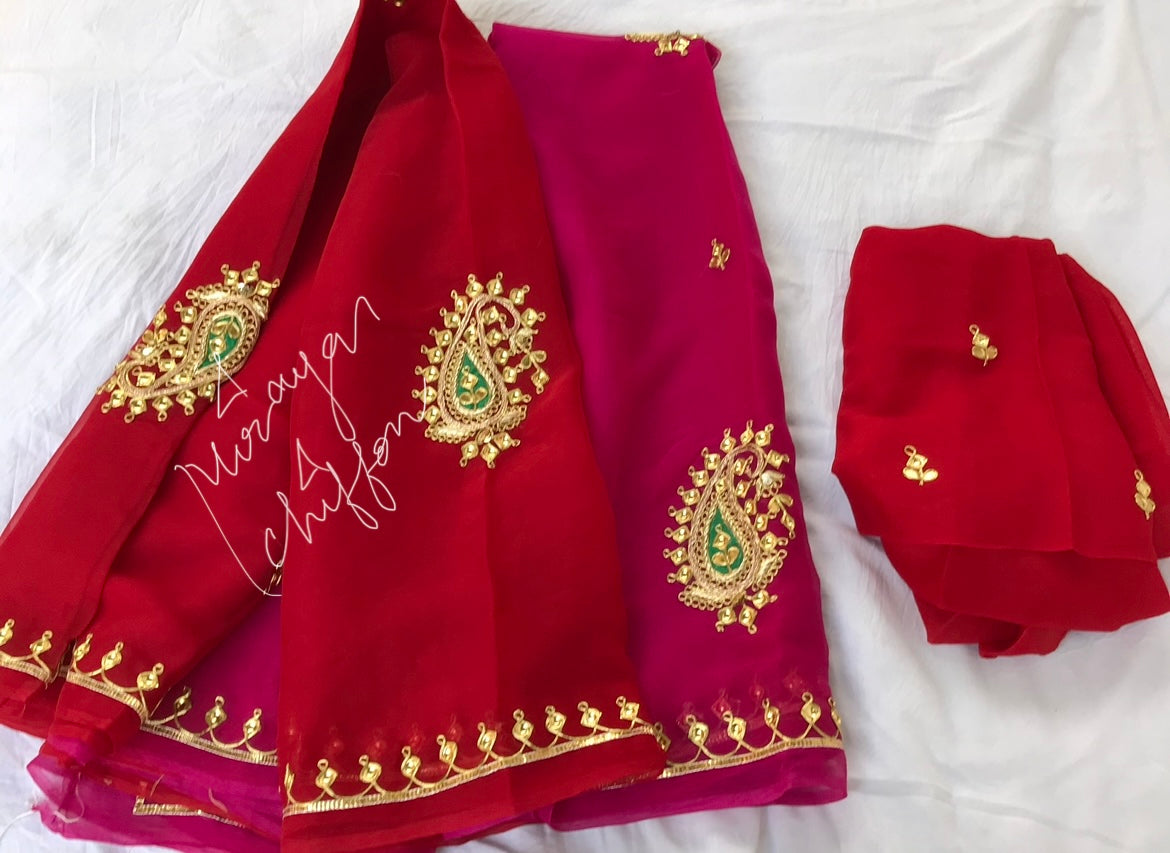 Ombre Red Rani Shaded Danka Motifs Border Miraya Chiffon Sarees