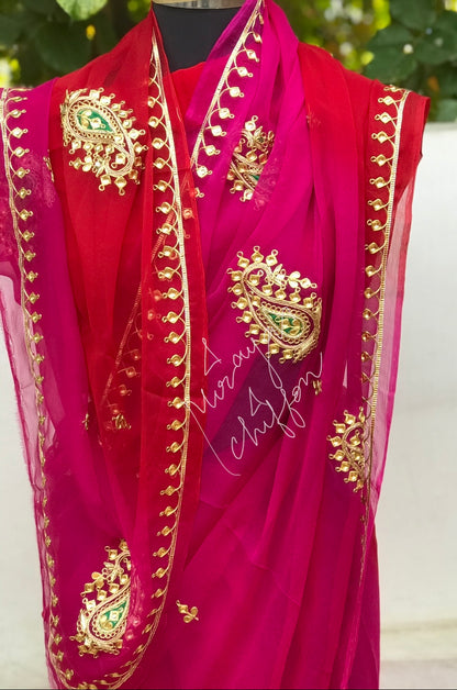 Ombre Red Rani Shaded Danka Motifs Border Miraya Chiffon Sarees