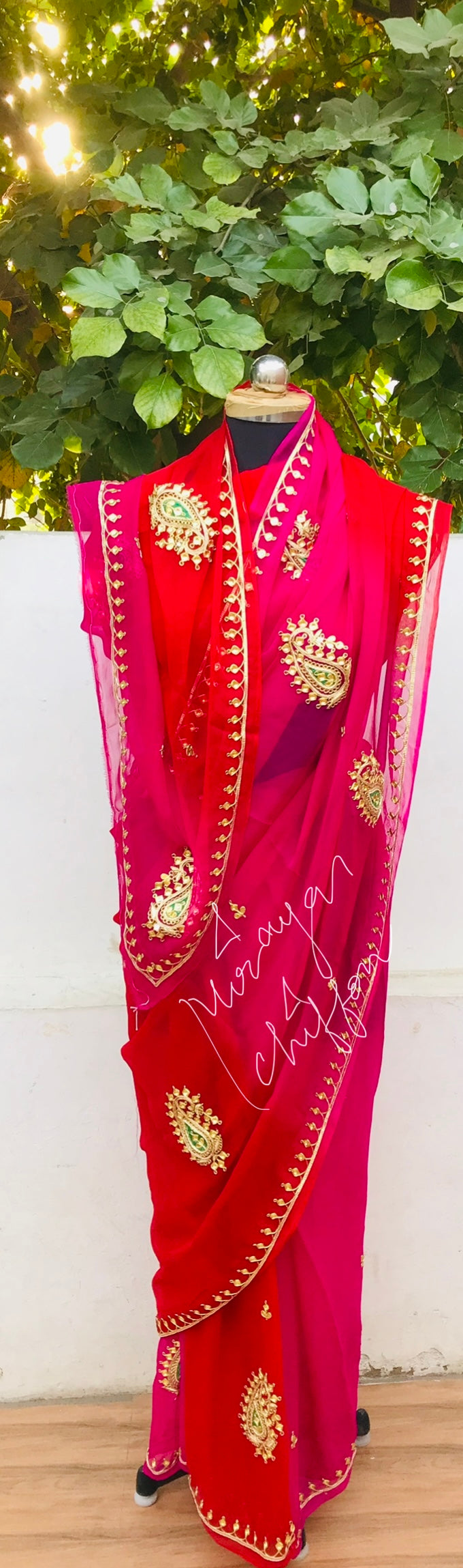 Ombre Red Rani Shaded Danka Motifs Border Miraya Chiffon Sarees