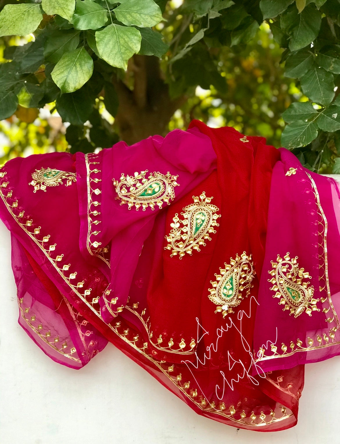 Ombre Red Rani Shaded Danka Motifs Border Miraya Chiffon Sarees