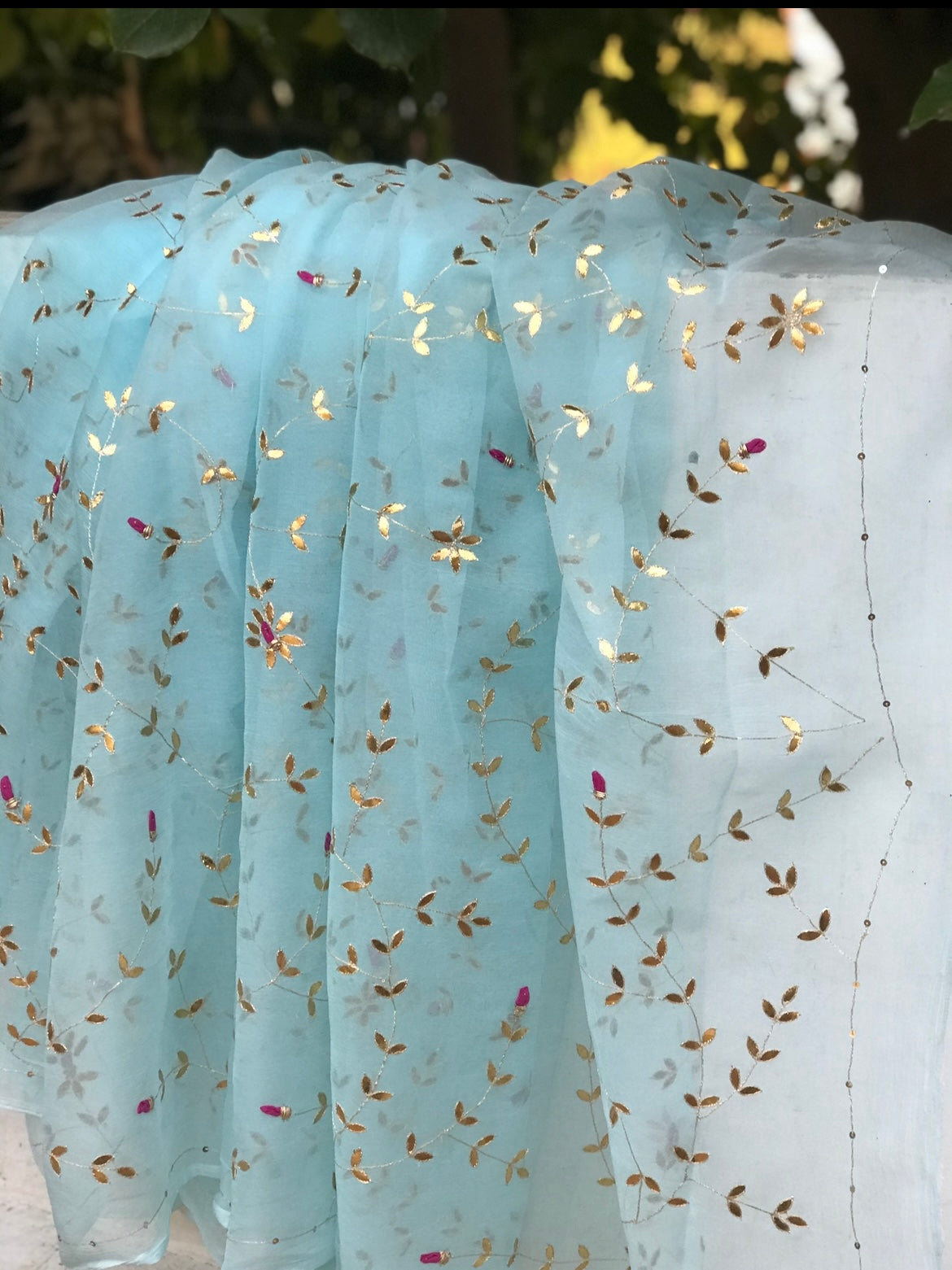 Firozi Sky Blue Gottapati Jaal Miraya Chiffon Sarees