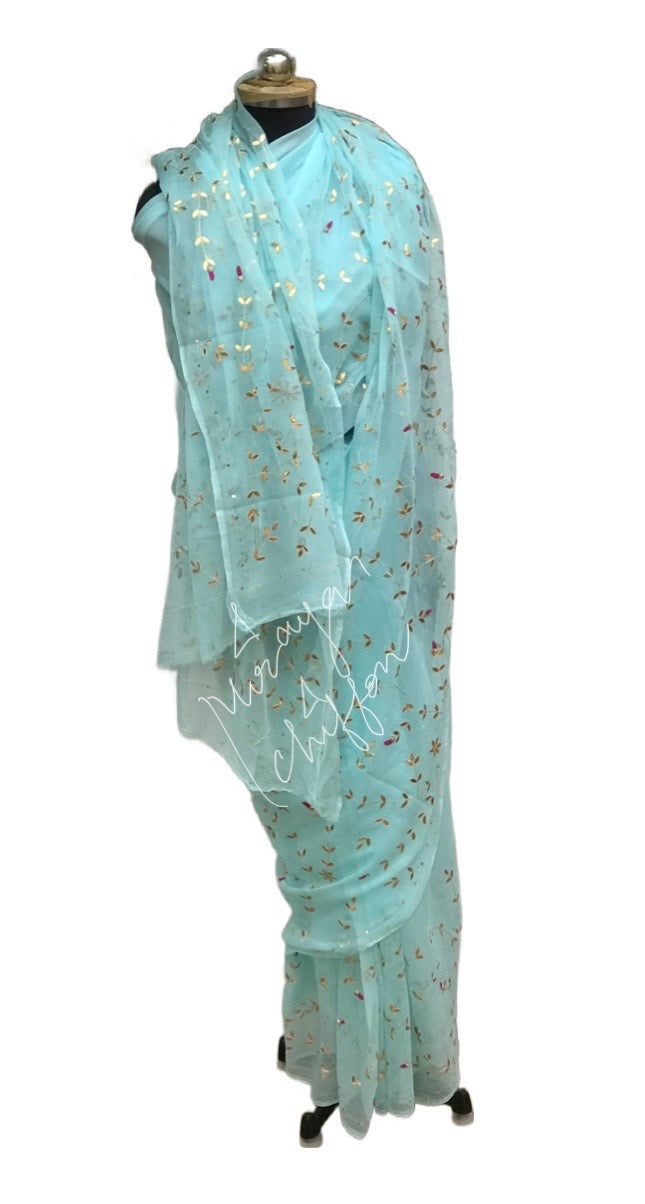 Firozi Sky Blue Gottapati Jaal Miraya Chiffon Sarees