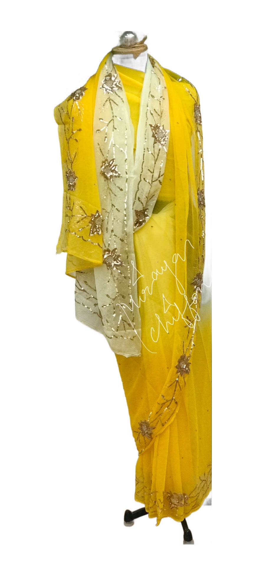 Yellow Shaded Sequins Border Miraya Chiffon Sarees