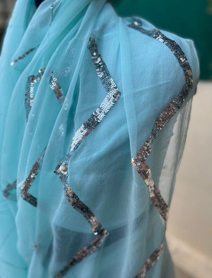 Sky Blue Silver Sequins Jaal Miraya Chiffon Sarees