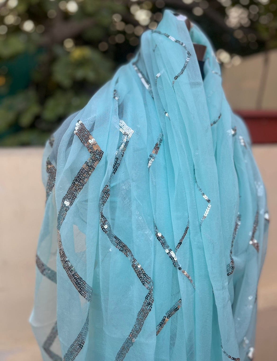 Sky Blue Silver Sequins Jaal Miraya Chiffon Sarees