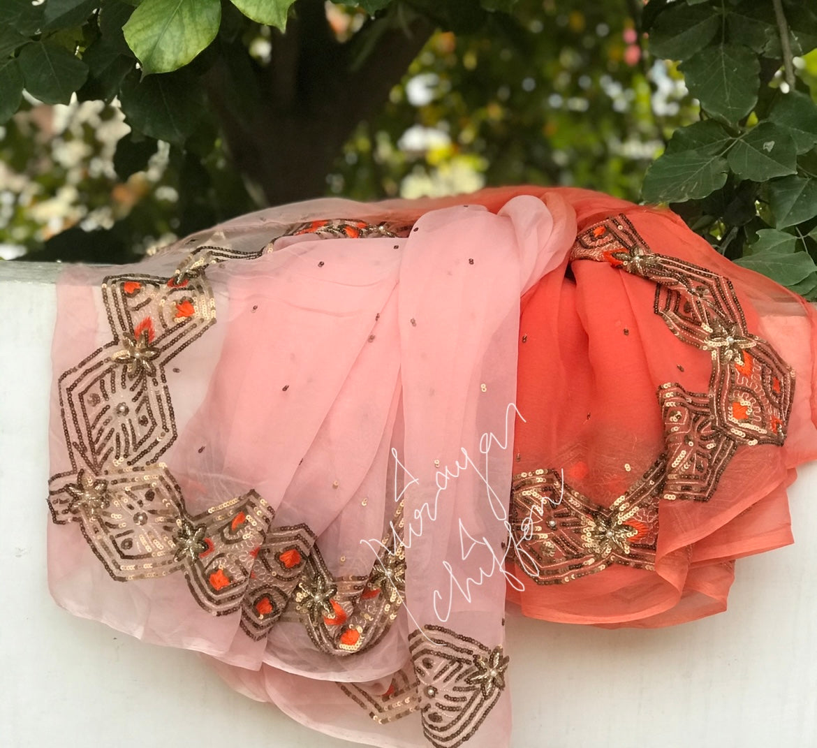 Peach Shaded Copper Sequins Border Miraya Chiffon Sarees