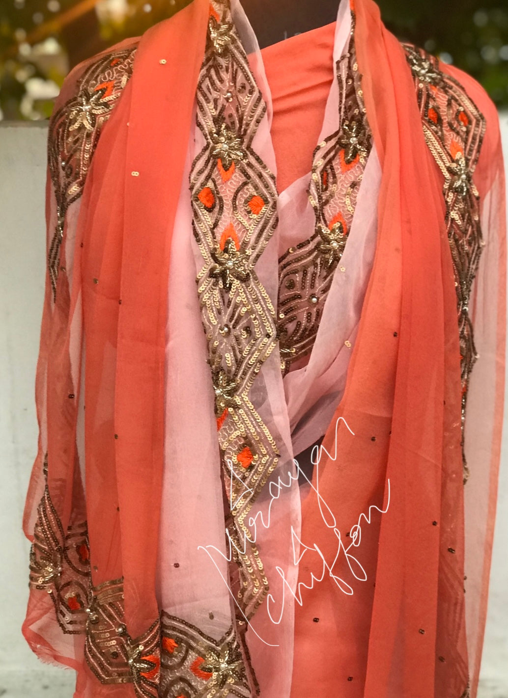 Peach Shaded Copper Sequins Border Miraya Chiffon Sarees