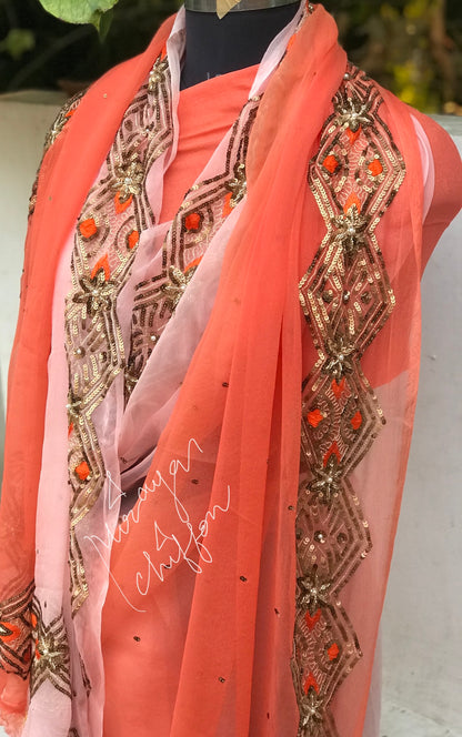 Peach Shaded Copper Sequins Border Miraya Chiffon Sarees