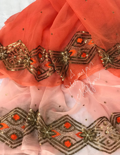 Peach Shaded Copper Sequins Border Miraya Chiffon Sarees