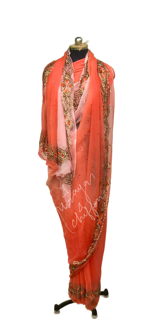 Peach Shaded Copper Sequins Border Miraya Chiffon Sarees