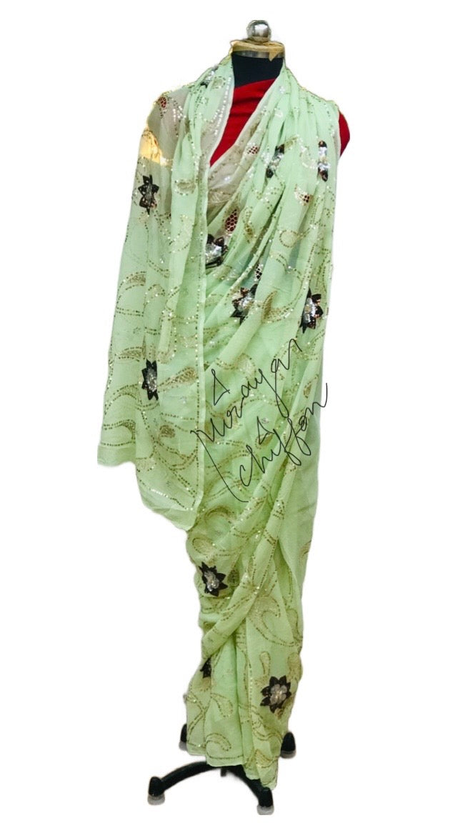 Olive Cutwork Jaal Miraya Chiffon Sarees