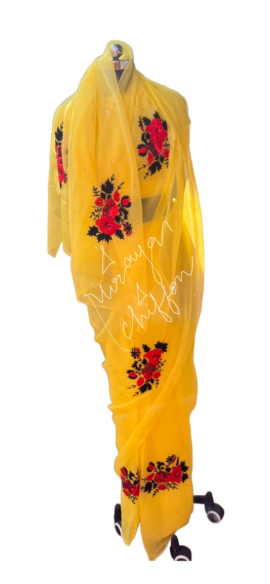 Yellow Sequins Thread Pearl Motifs Miraya Chiffon Sarees