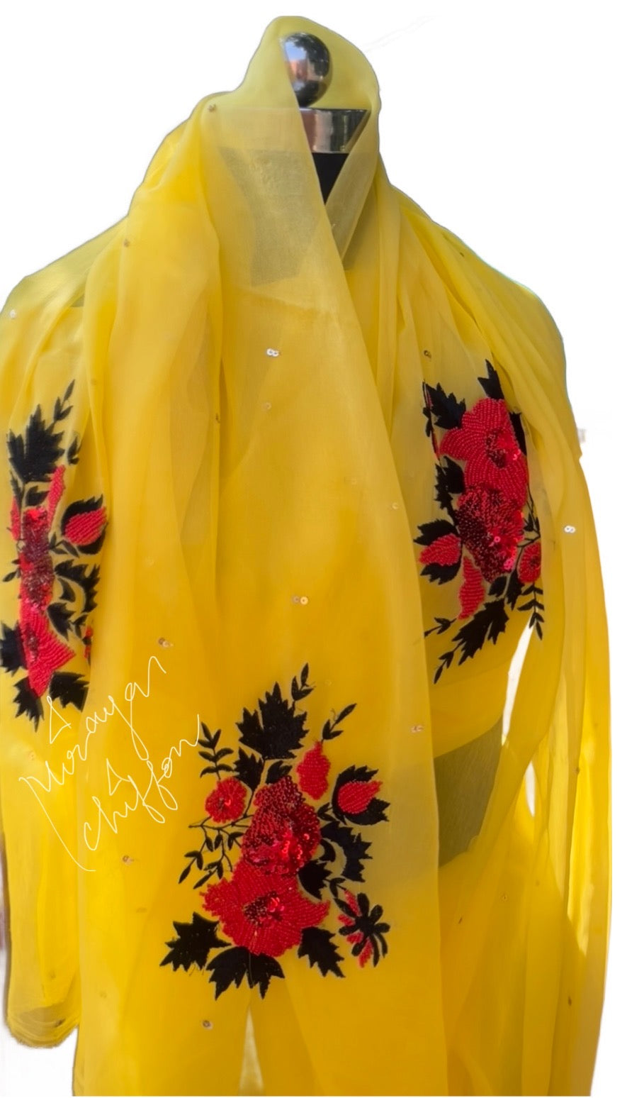 Yellow Sequins Thread Pearl Motifs Miraya Chiffon Sarees