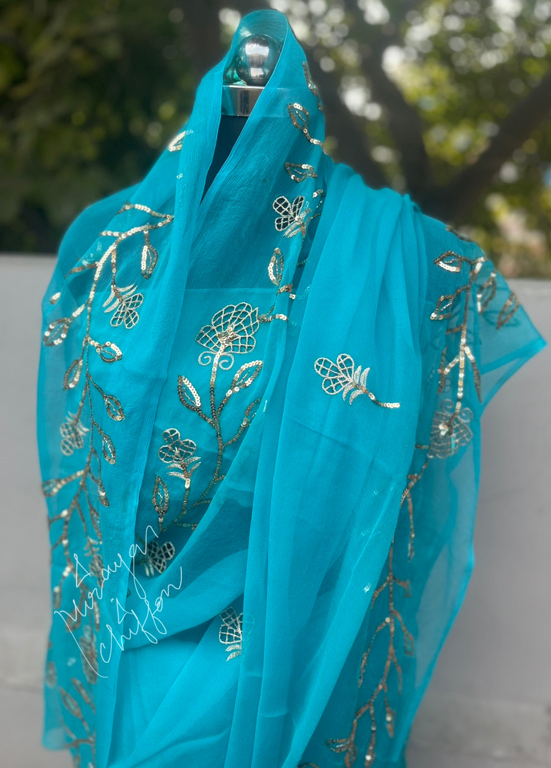 Sky Blue Aari Sequins cutwork Brder Miraya Chiffon Sarees