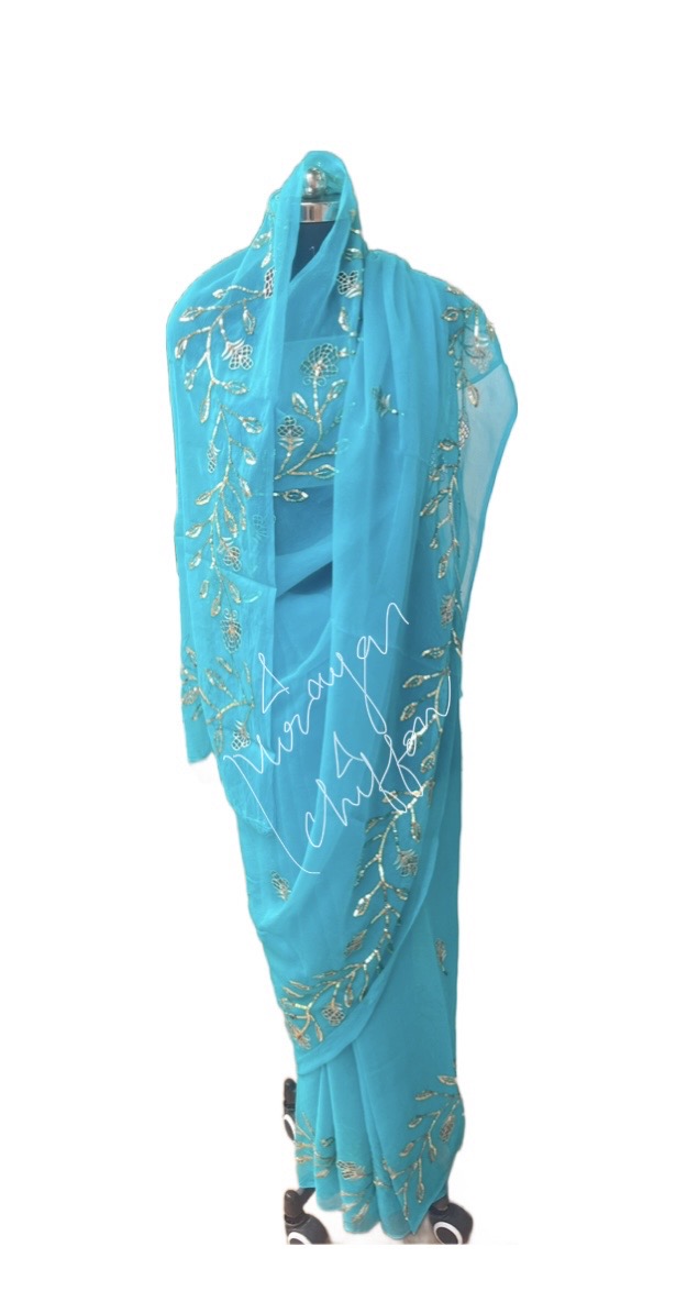 Sky Blue Aari Sequins cutwork Brder Miraya Chiffon Sarees