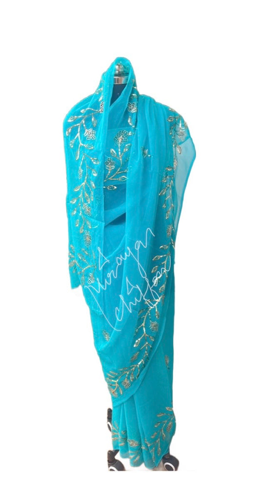 Sky Blue Aari Sequins cutwork Brder Miraya Chiffon Sarees