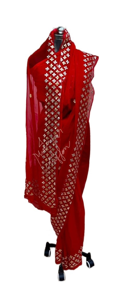 Red Golden Silver Gottapati Border Miraya Chiffon Sarees