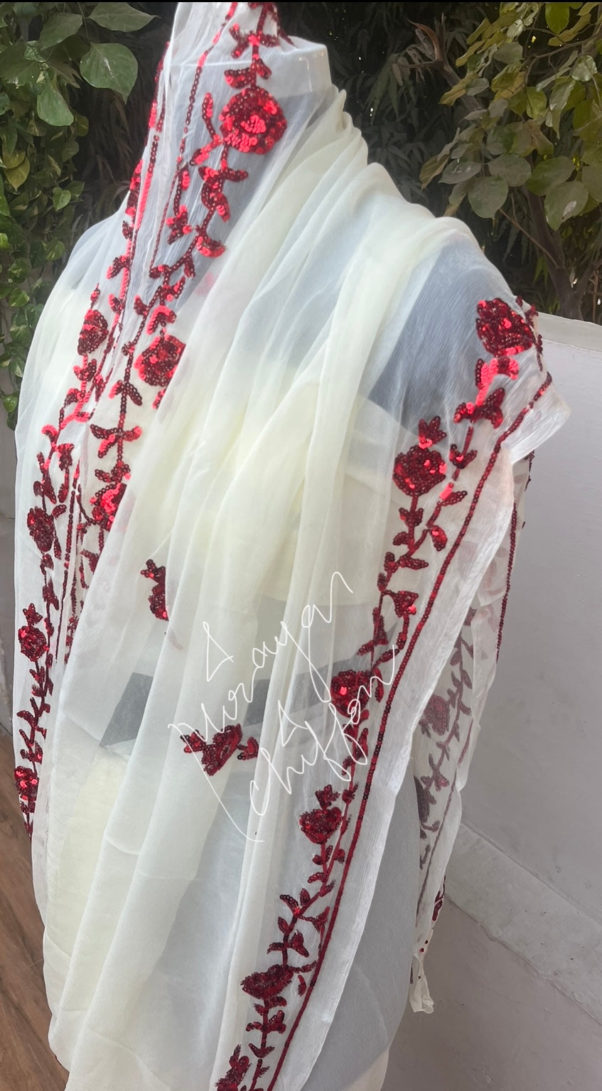 Cream Red Sequins Border Miraya Chiffon Sarees