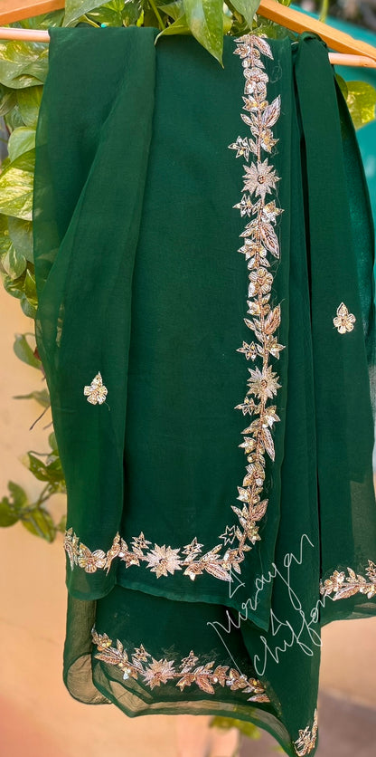 Bottle Green Aari Zardojji Border Miraya Chiffon Sarees