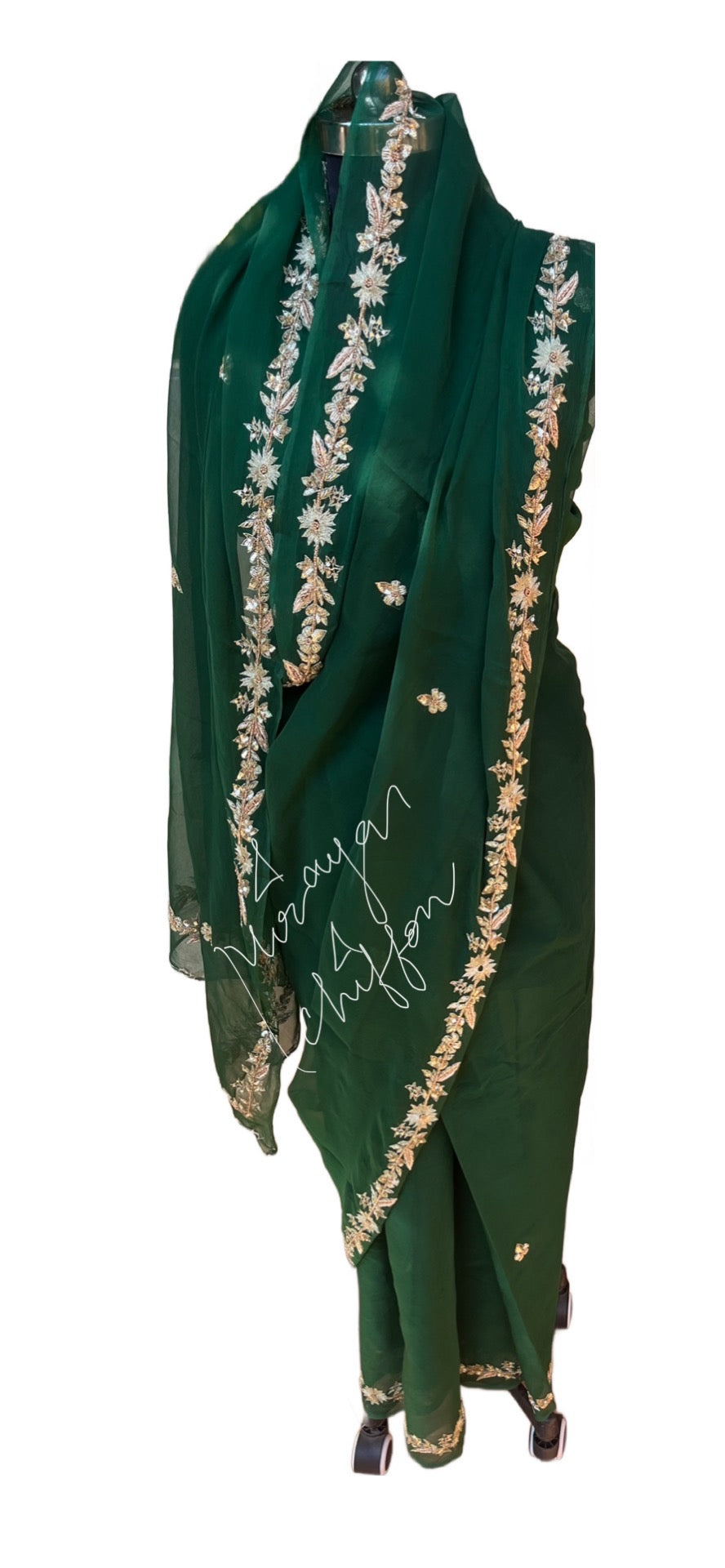 Bottle Green Aari Zardojji Border Miraya Chiffon Sarees