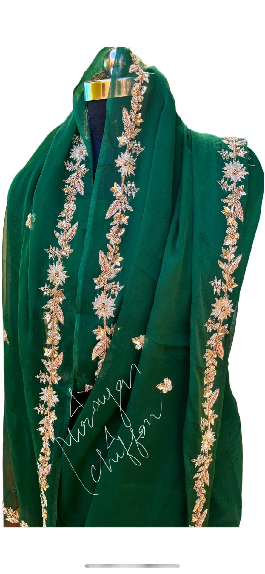 Bottle Green Aari Zardojji Border Miraya Chiffon Sarees