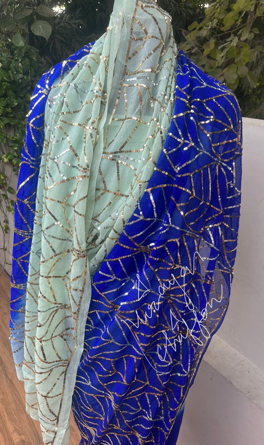 Blue Shaded Golden Silver Sequins Jaal Miraya Chiffon Sarees