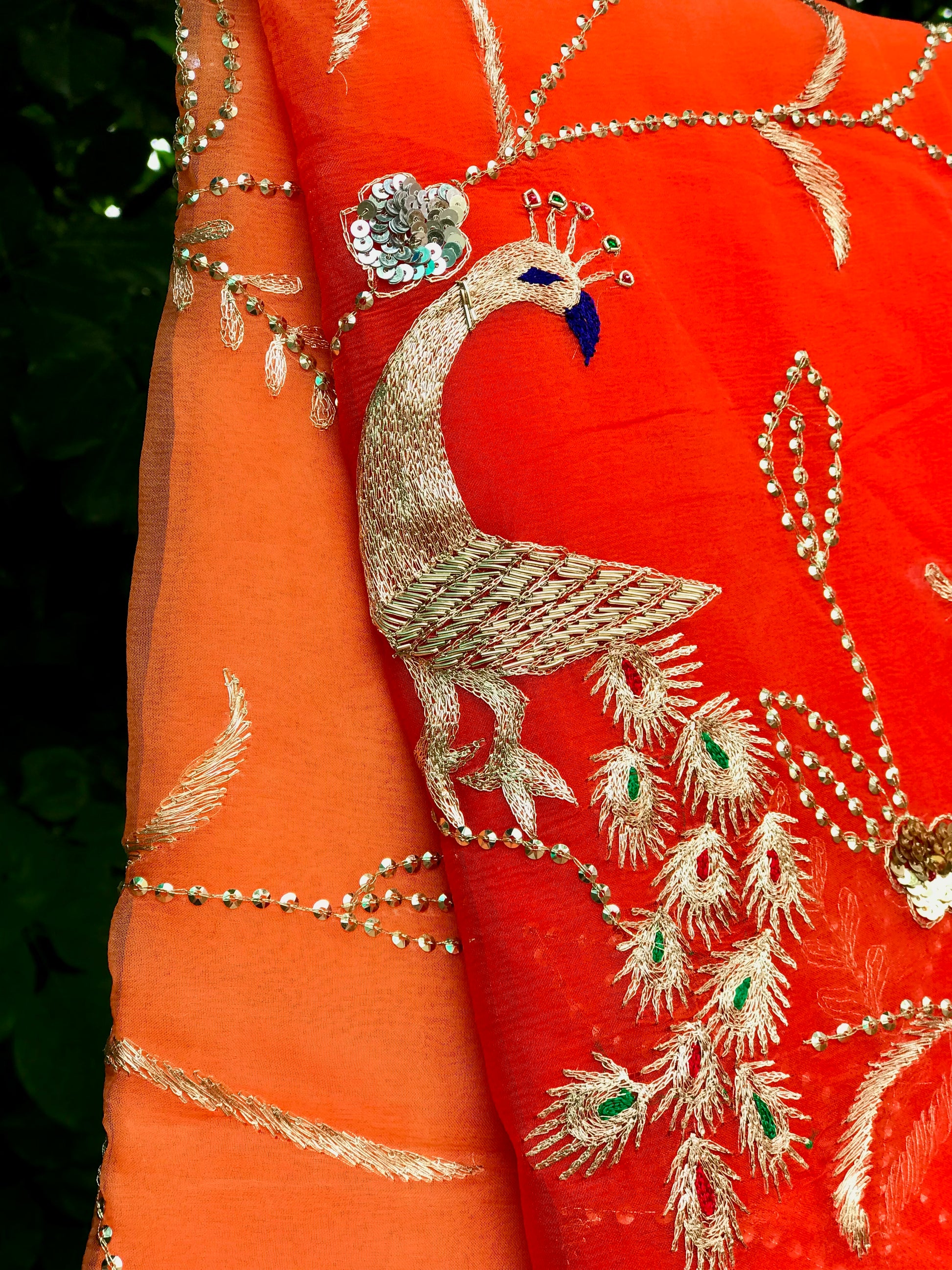 Orange Shaded Aari Zardoji Jaal Miraya Chiffon Sarees