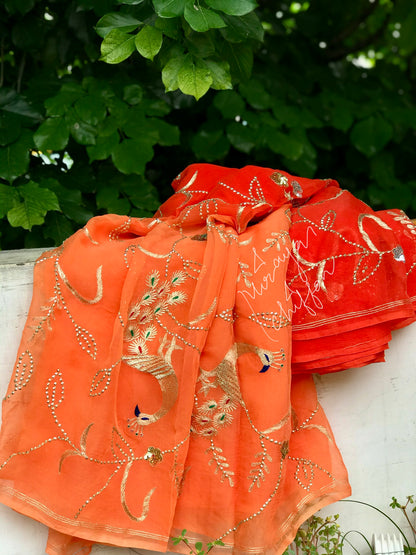 Orange Shaded Aari Zardoji Jaal Miraya Chiffon Sarees