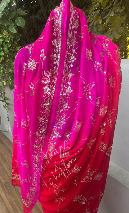 Red Rani Shaded Aari Sequins Border Jaal Miraya Chiffon Sarees