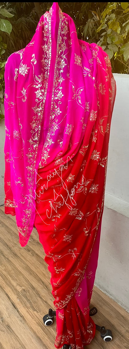 Red Rani Shaded Aari Sequins Border Jaal Miraya Chiffon Sarees