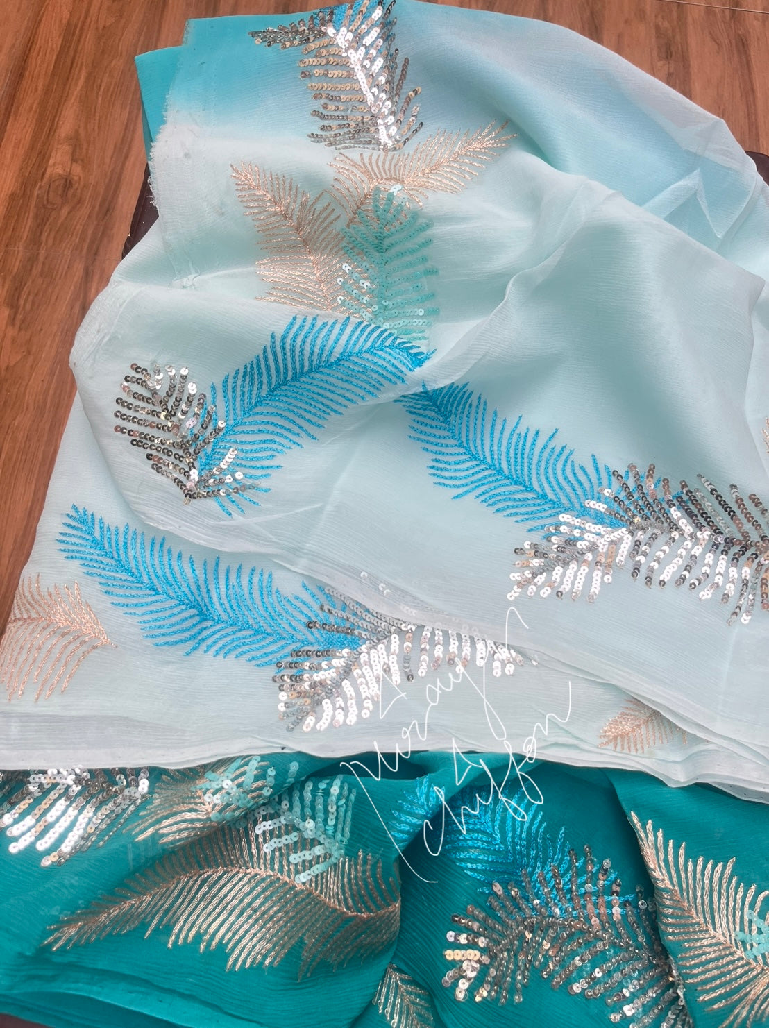 Sky Blue Shaded Thread Sequins Border Miraya Chiffon Sarees