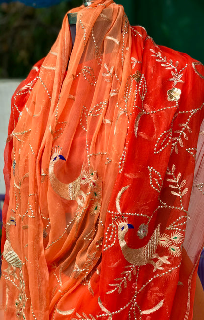 Orange Shaded Aari Zardoji Jaal Miraya Chiffon Sarees