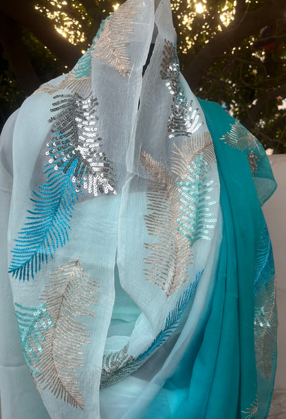 Sky Blue Shaded Thread Sequins Border Miraya Chiffon Sarees