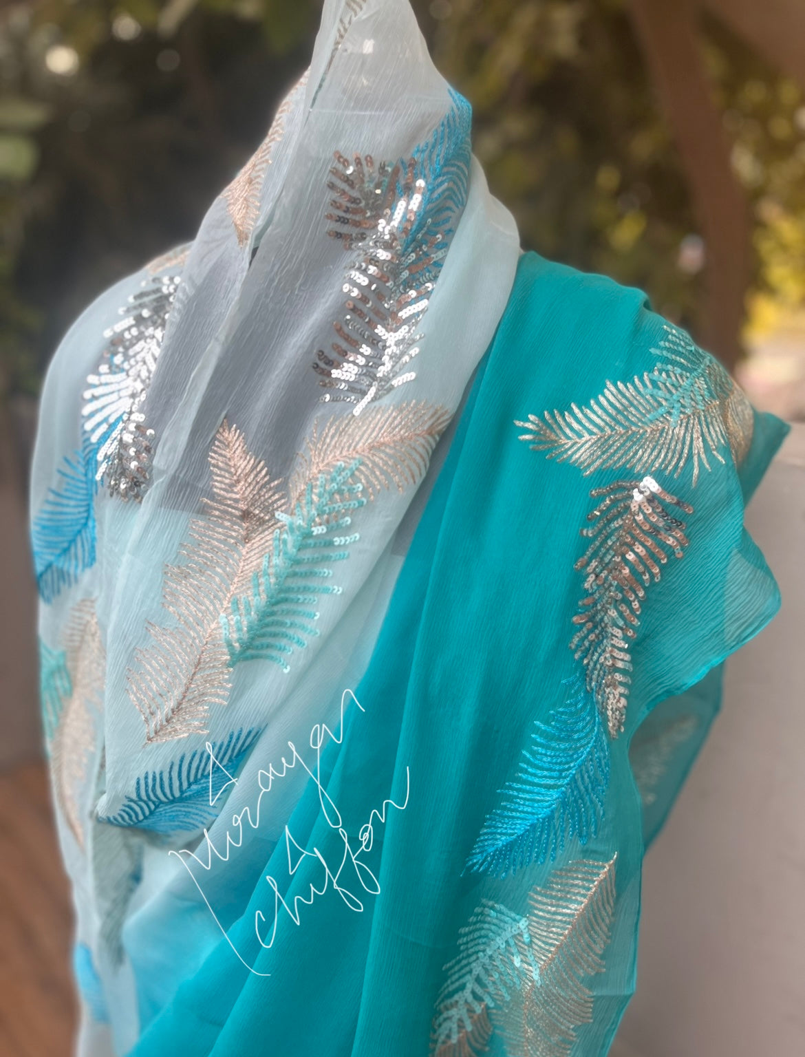 Sky Blue Shaded Thread Sequins Border Miraya Chiffon Sarees