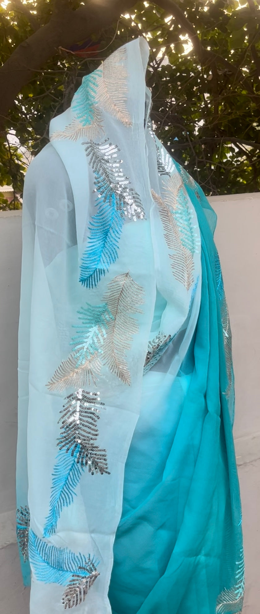 Sky Blue Shaded Thread Sequins Border Miraya Chiffon Sarees