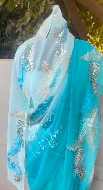 Sky Blue Shaded Thread Sequins Border Miraya Chiffon Sarees