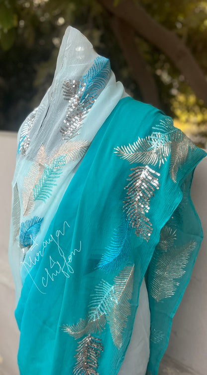 Sky Blue Shaded Thread Sequins Border Miraya Chiffon Sarees